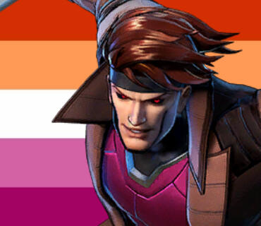 gambit x men with a lesbian flag behind him